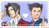 A stamp with images of Phoenix Wright and Miles Edgeworth next to each other, with a heart in the middle.