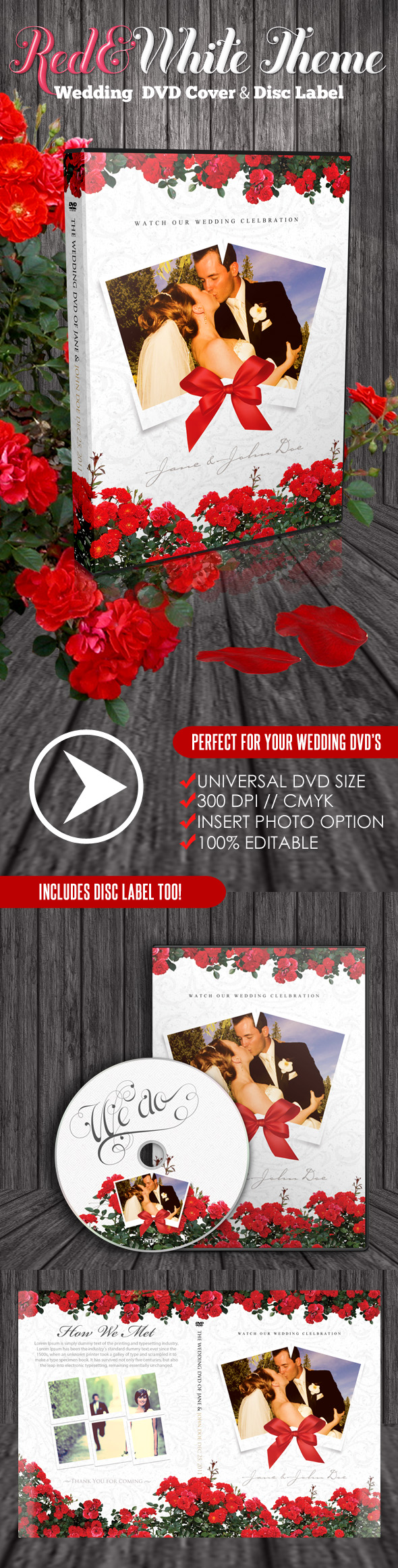 Red and White Theme Wedding DVD with Disc Label