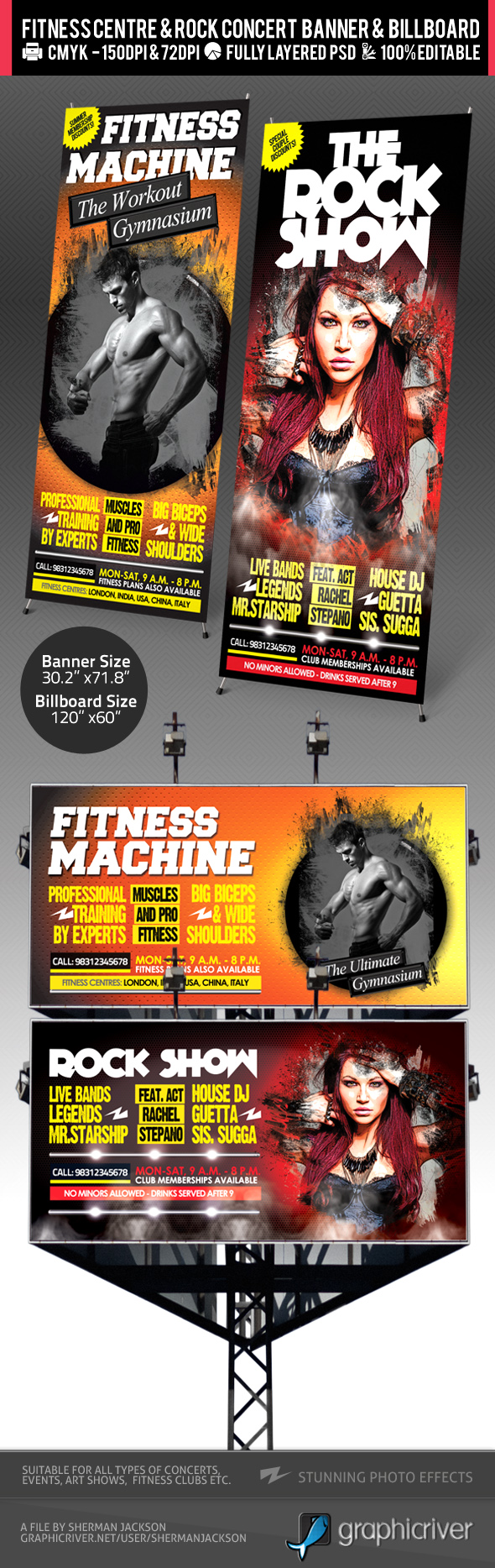 Rock Concert and Fitness Club Billboard Banner PSD