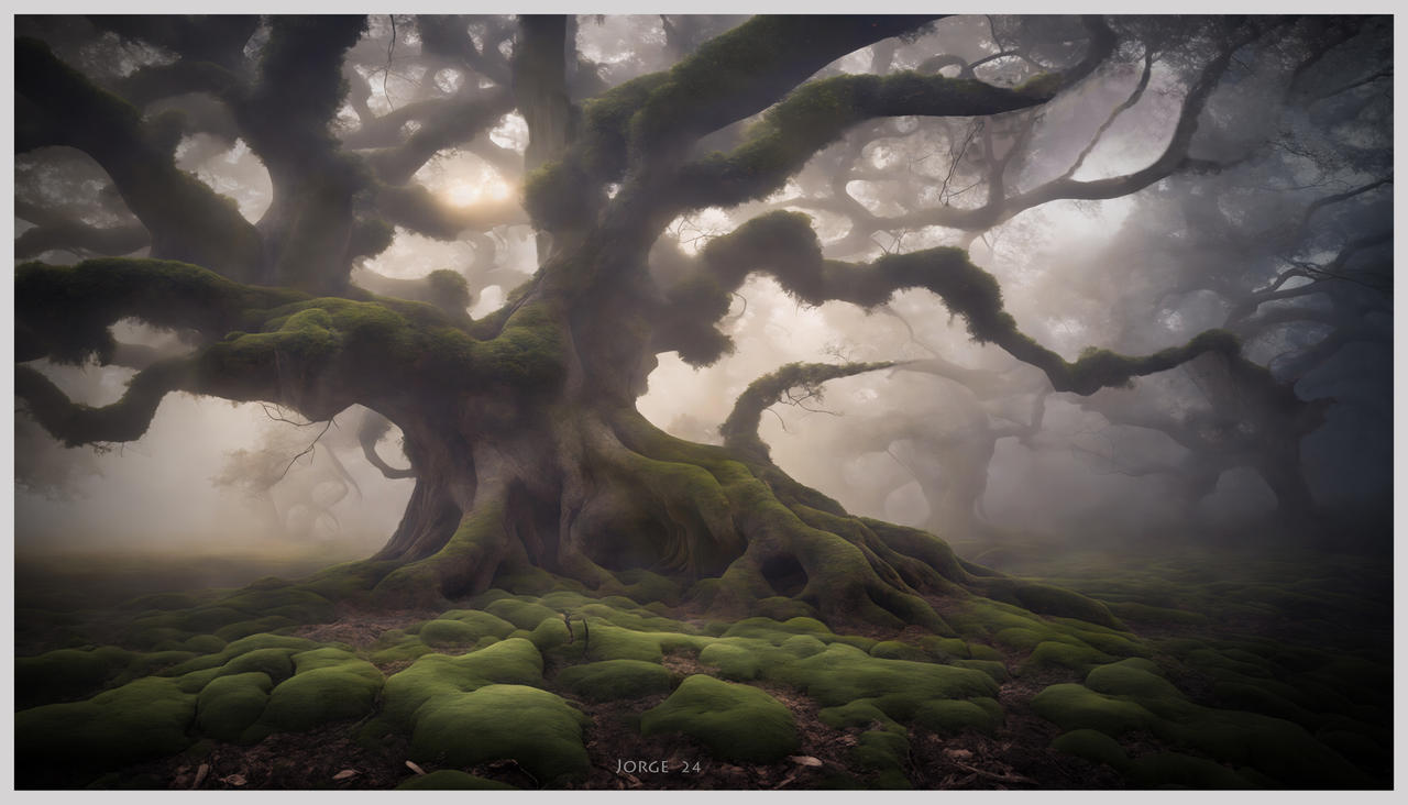 Gnarled Tree Mist Old gnarled tree in a dark and misty landscape by VanCoralArt on DeviantArt