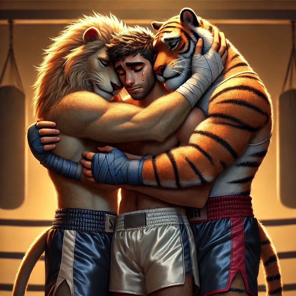 Pho the tiger and fazar the lion comforting caleb