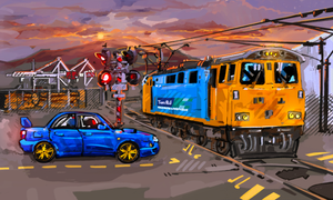 Freight Crossing - Electric locomotive and subie