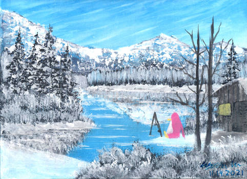 ice fishing at the mountains, acrylic
