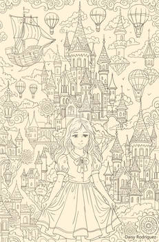 Line art style fantasy city concept art