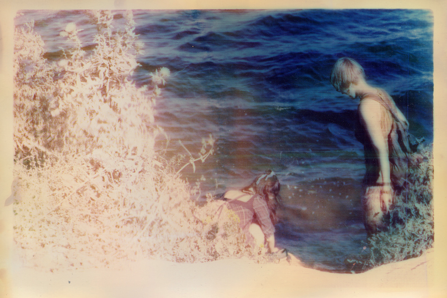 two girls, burning bush and azure wall