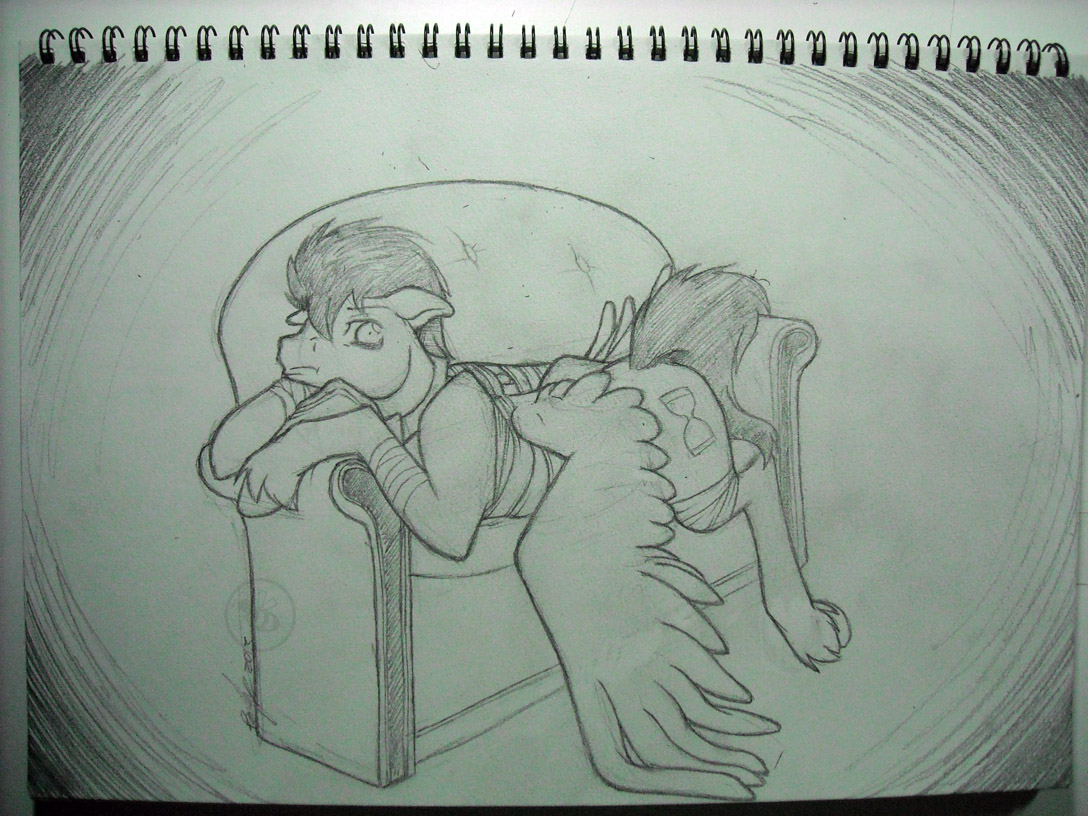 Discorded Dr. Whooves injured on couch sketchbook