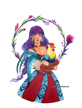 Watercolor: Sif and rooster