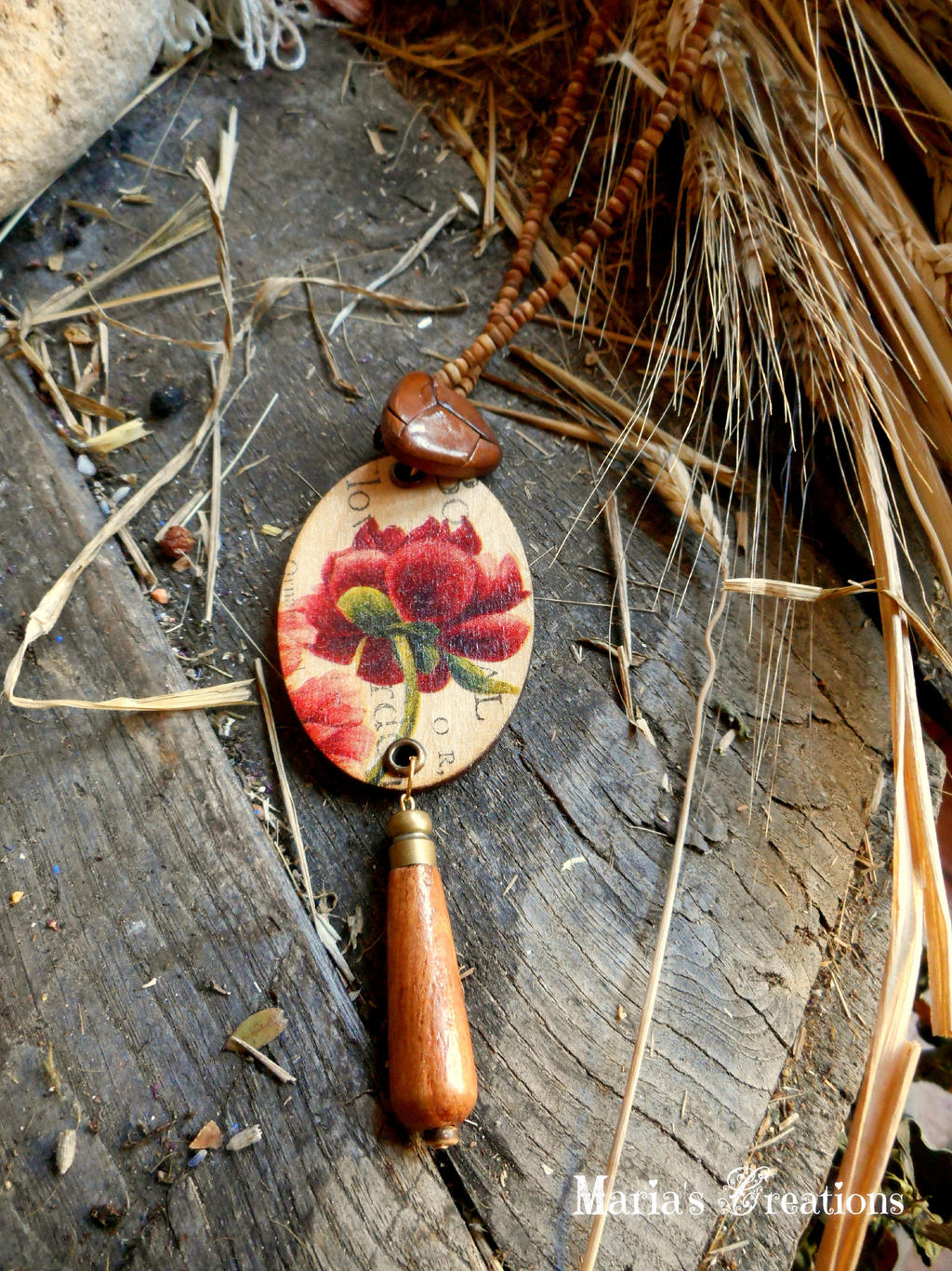 Wooden decoupaged necklace