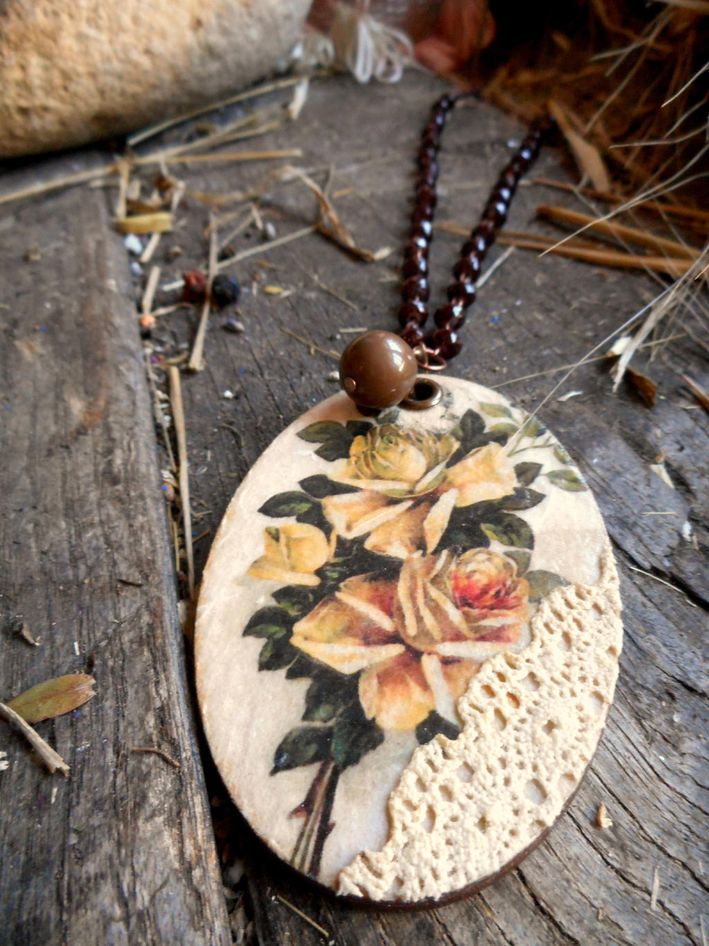 Wooden decoupaged necklace