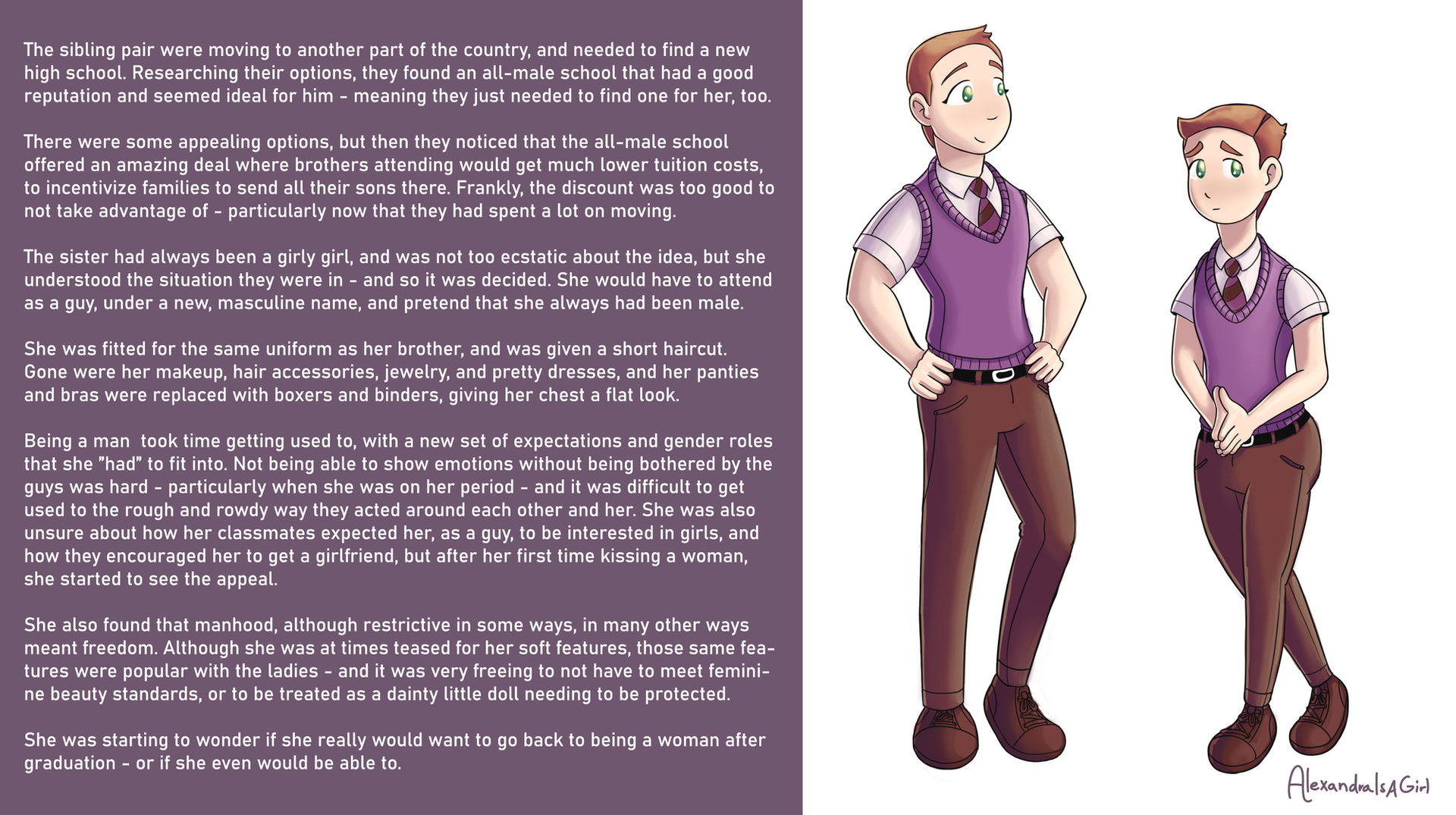 Commission Sister moving to allmale school by AlexandraIsAGirl on