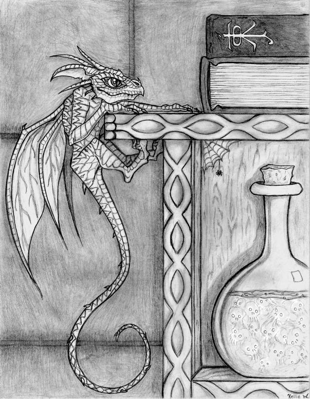 Faery dragon climbing a shelf