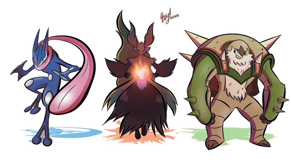 Greninja, Delphox, and Chesnaught