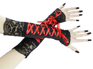 black and red long fingerless gloves, arm warmers