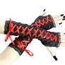 black and red long fingerless gloves, arm warmers