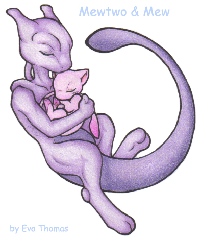 Mewtwo and Mew Snuggle