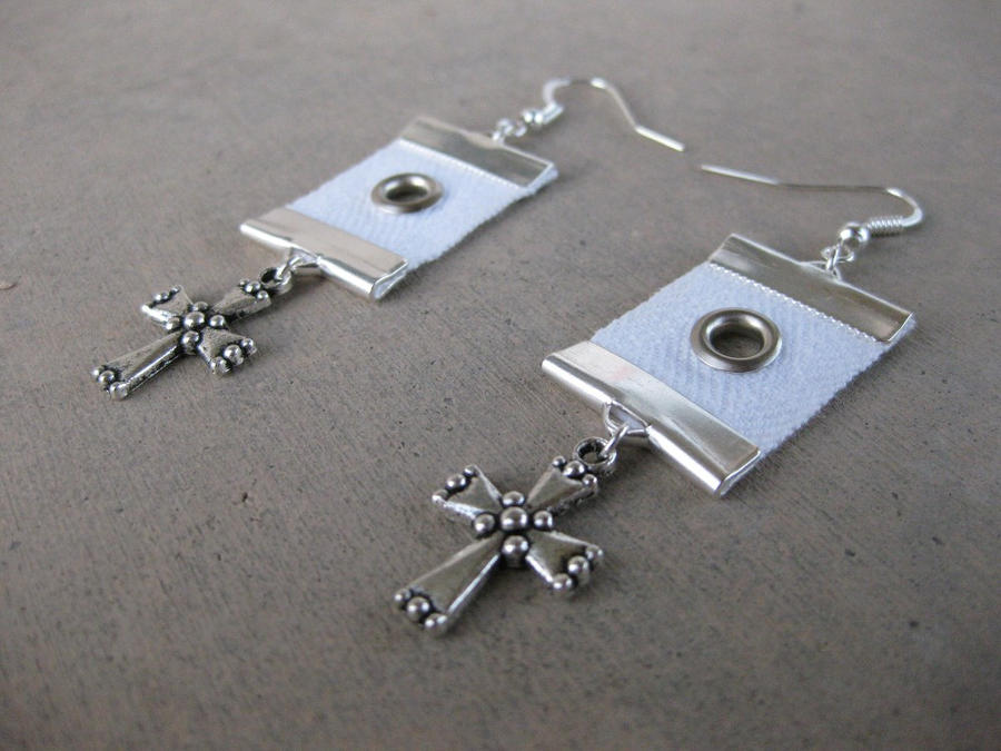 White Grommet Tape Earrings: Faceted Cross