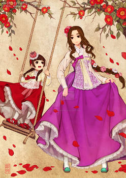 Royal Ladies  in lacy hanbok dress