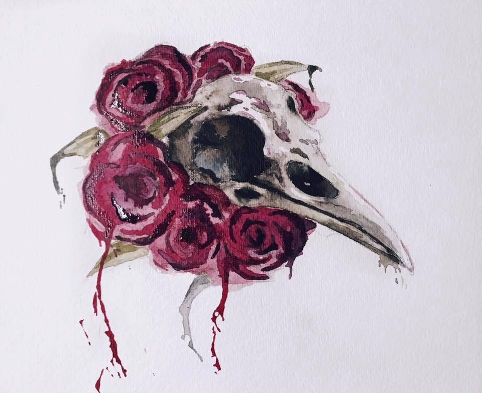 Watercolor Raven skull