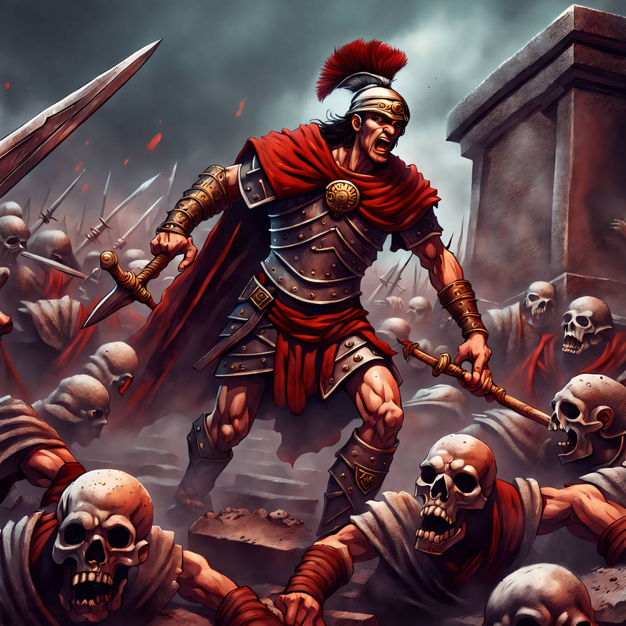 Roman reanimated warrior climbing out of a grave a