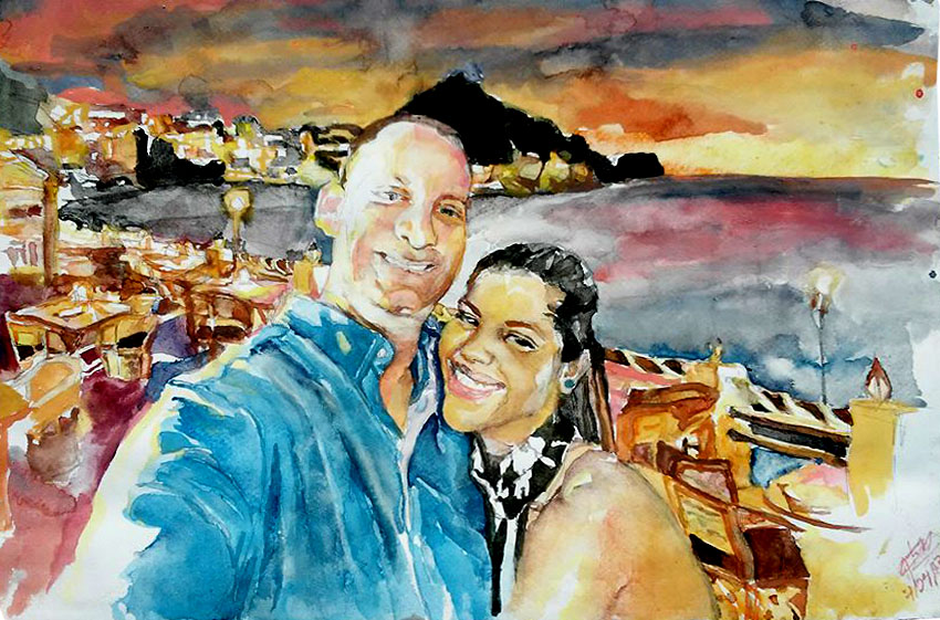 Watercolor Portrait Couple and Landscape