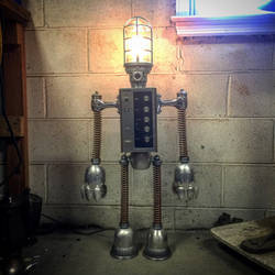 Found object robot assemblage sculpture light