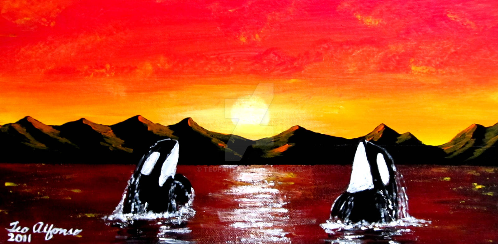ORCA WHALES AT SUNSET