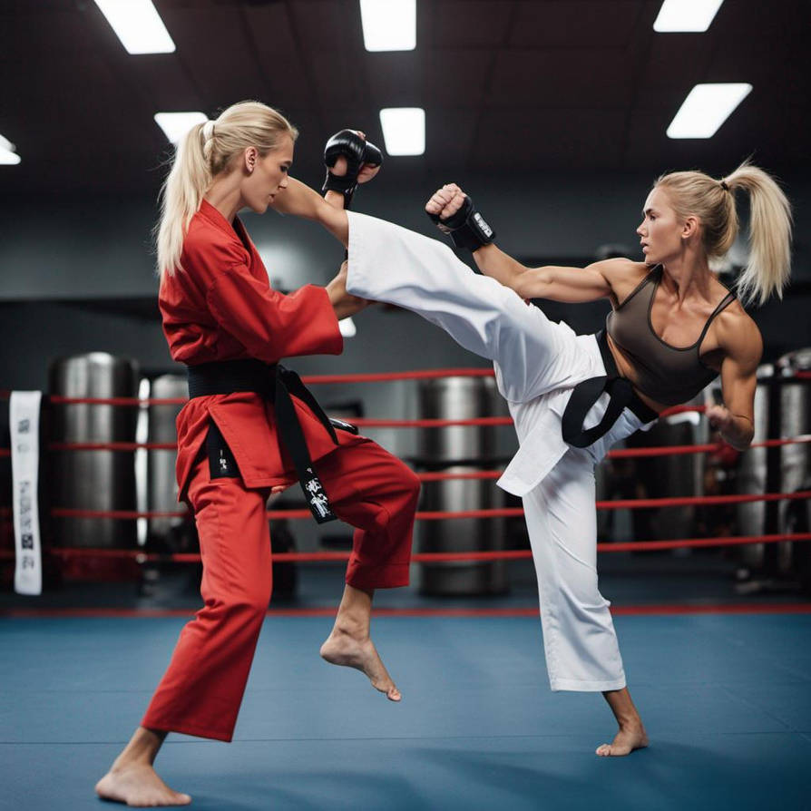 Blonde karate girl kicking