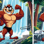 Taz flexing under a waterfall - two versions