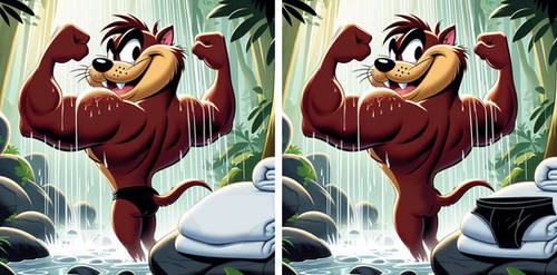 Taz flexing under a waterfall 2 - two versions