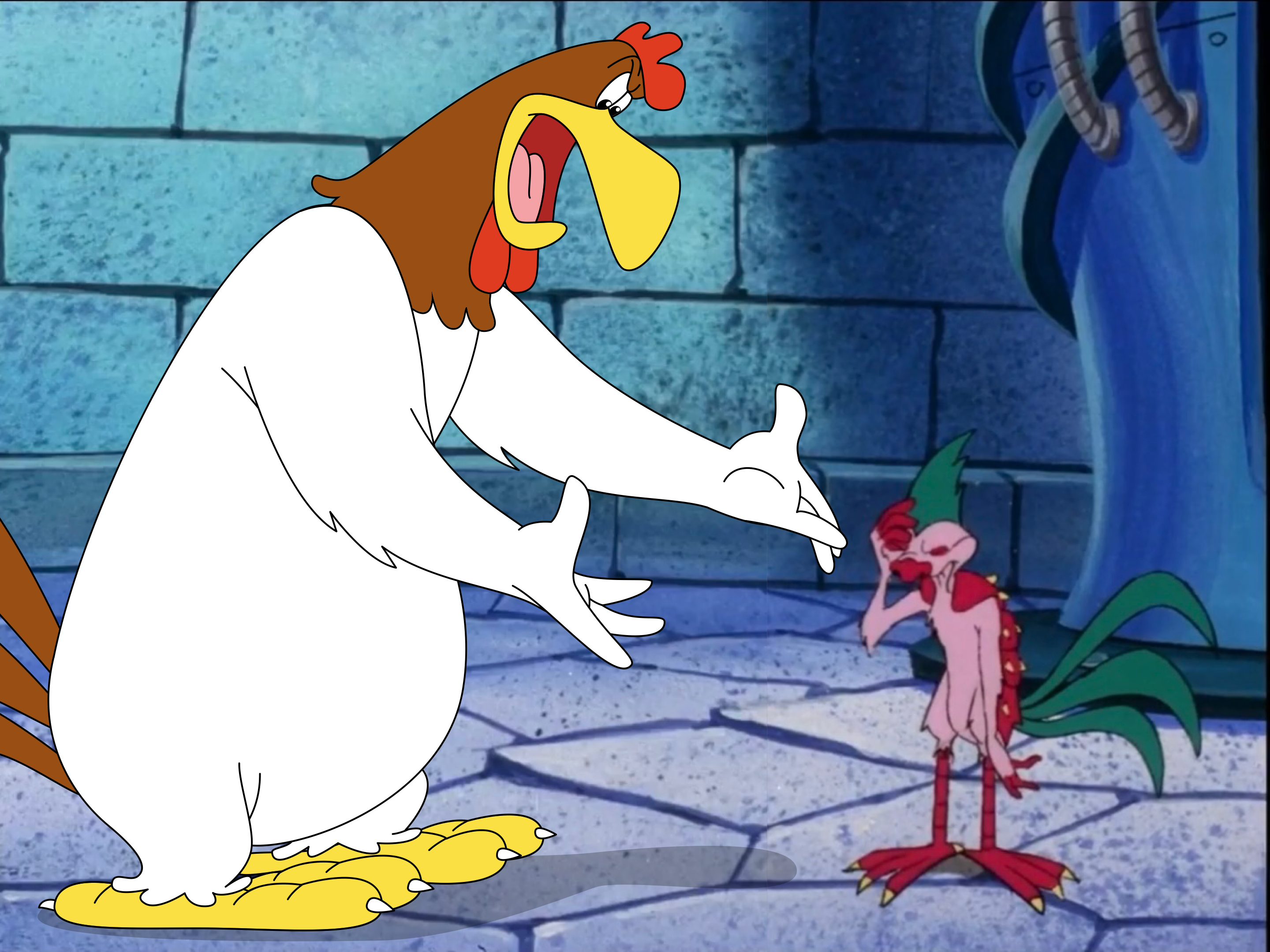 Foghorn Leghorn bantering a monsterfied Timon