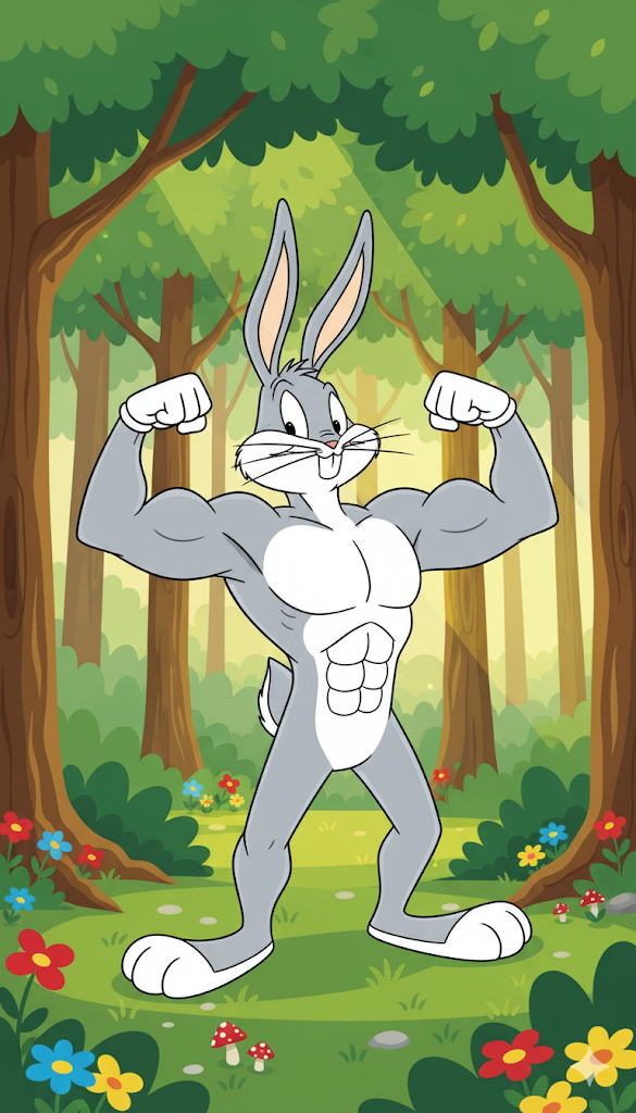 More shots of Bugs Bunny flexing in a forest