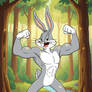 Bugs Bunny flexing in a forest