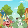 Doggy Don and Colonel walking on a sidewalk