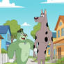 Colonel and Ballu walking in a neighborhood
