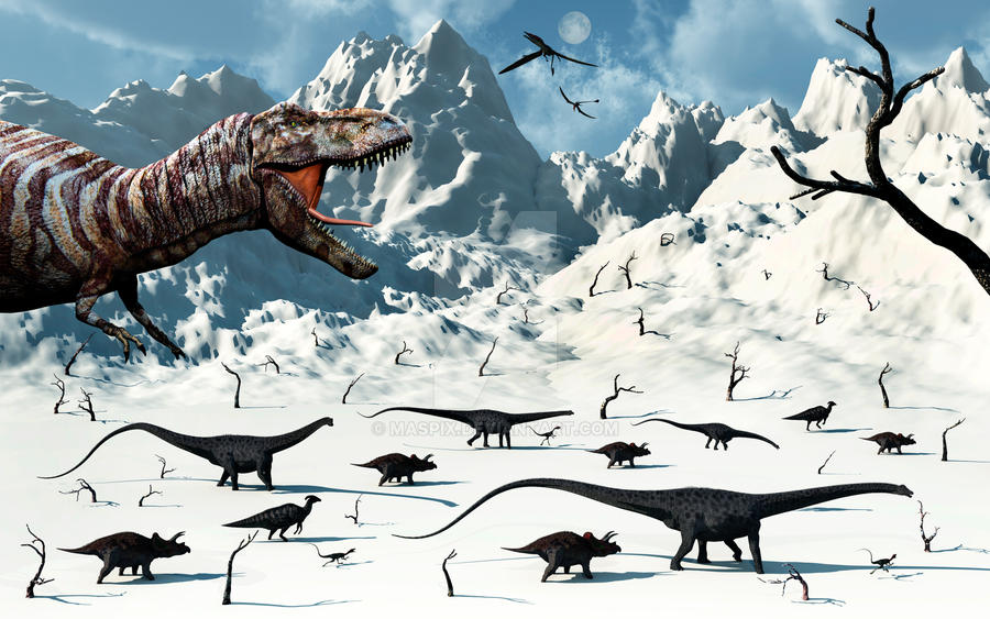 A T.Rex Stalking A Herd Of Herbivore Dinosaurs.