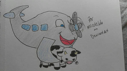 A Cartoon Plane Hugging a Cow Plushie for micole66