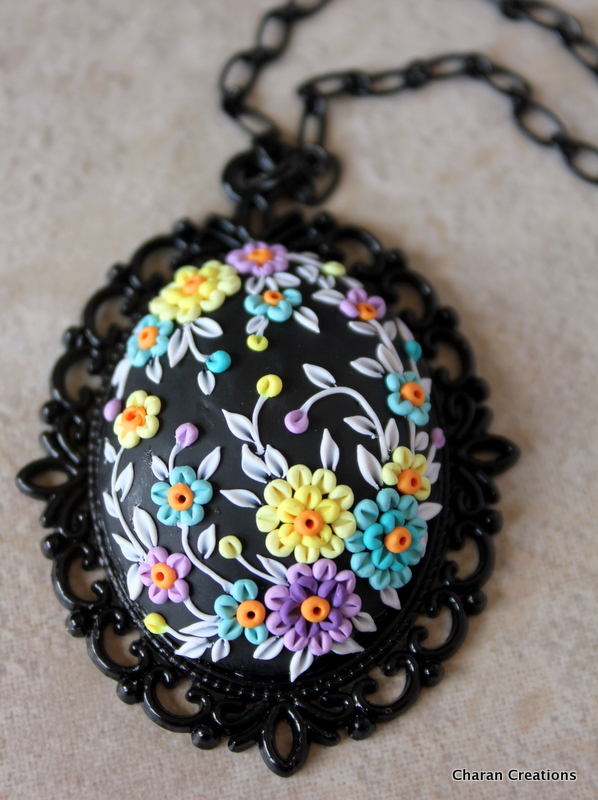 Polymer Clay Floral Applique Pendant Necklace