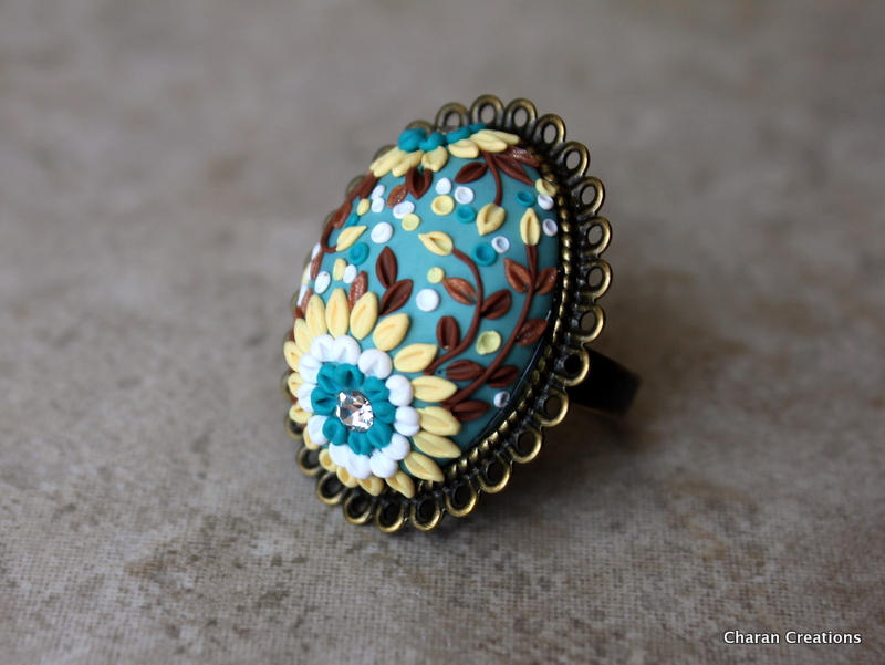 Polymer Clay Applique Ring in Teal and Yellow by CharanCreations on ...
