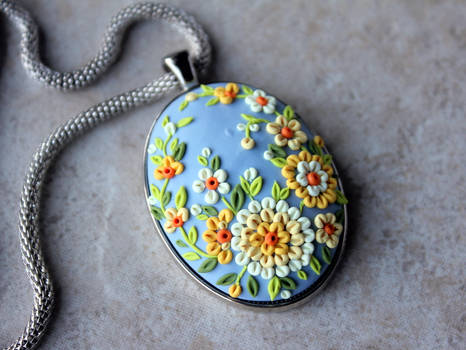 Polymer Clay Embroidery Pendant Necklace