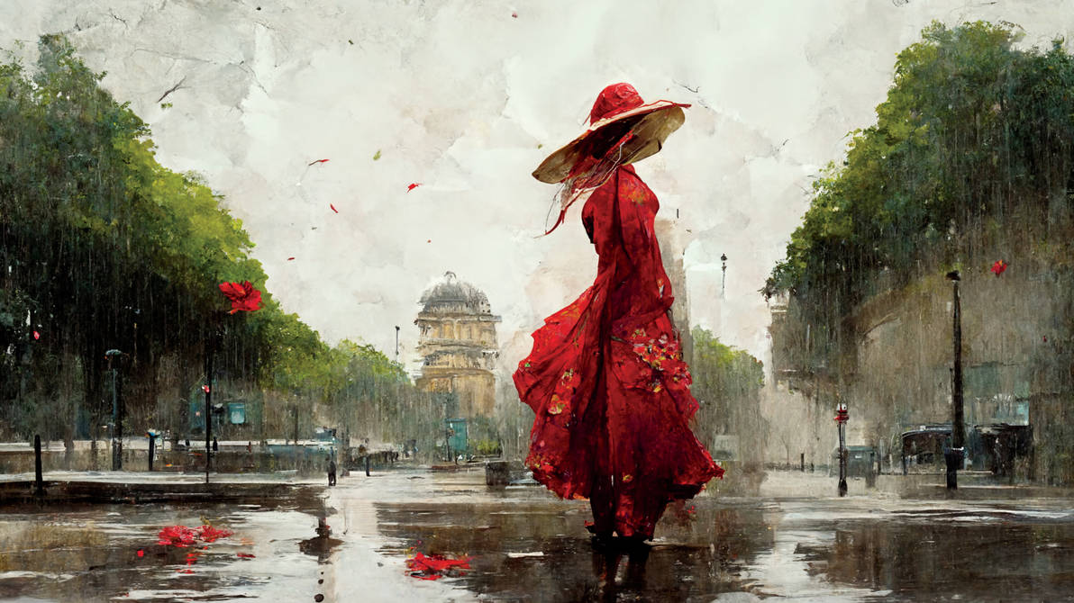 Parisian Woman in A Red Dress In The Rain 2022