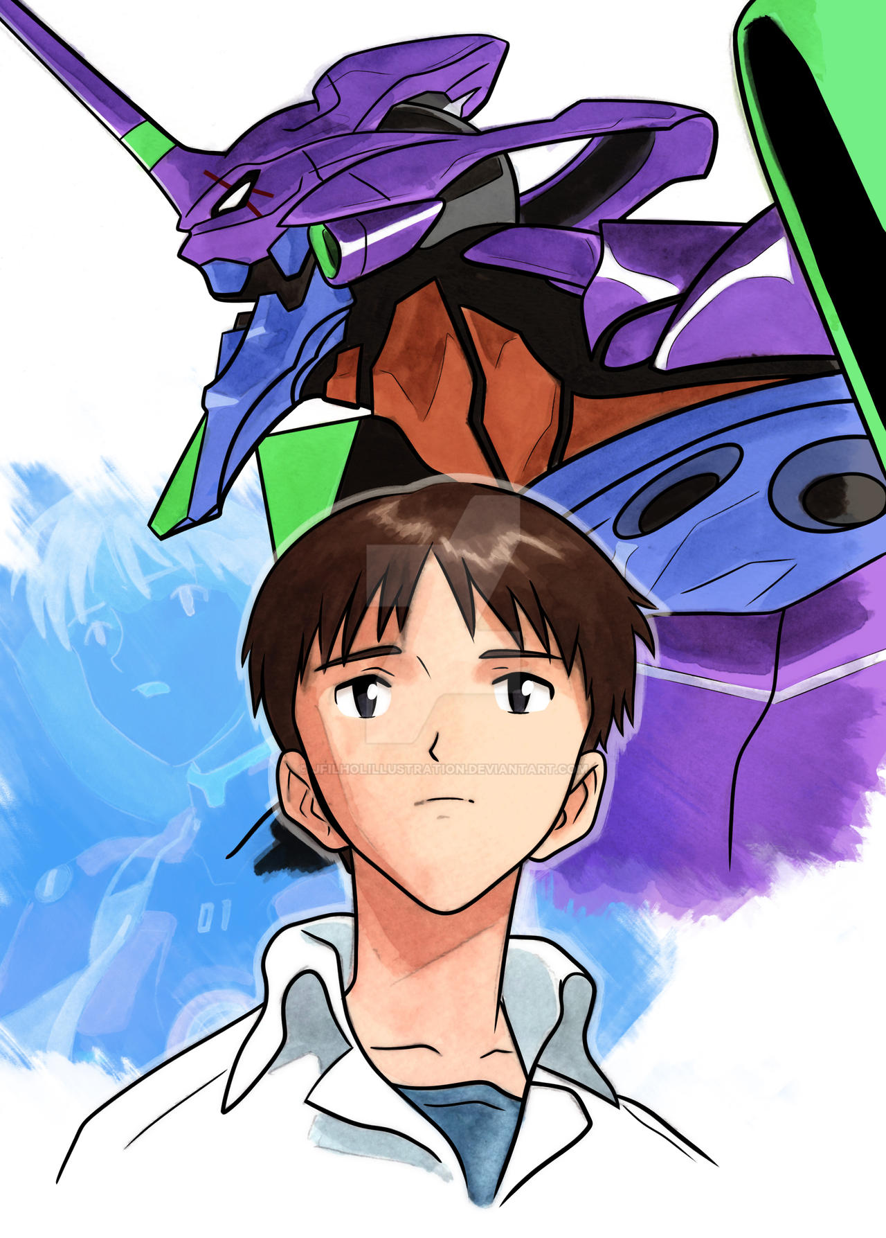 Shinji and Evangelion Unit-01 by JFilholIllustration on DeviantArt
