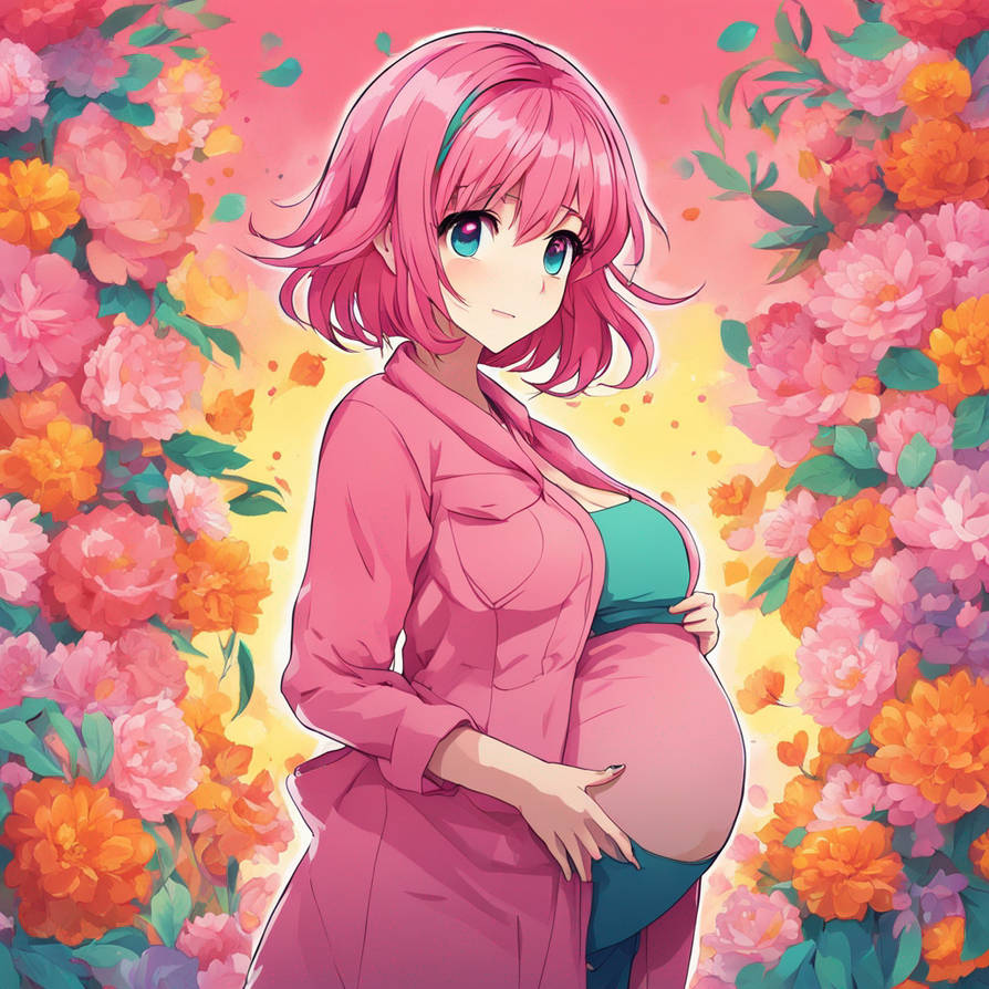 Cute pregnant woman with pink hair