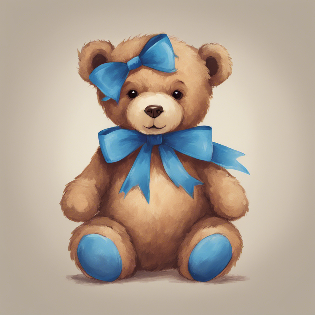 Teddy bear with a blue ribbon on its head