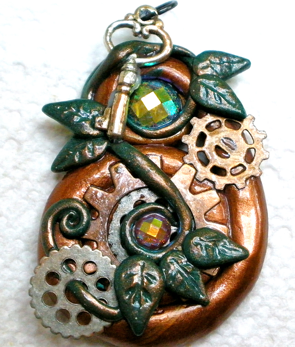 Steampunk Gears with Vine and Key necklace pendant