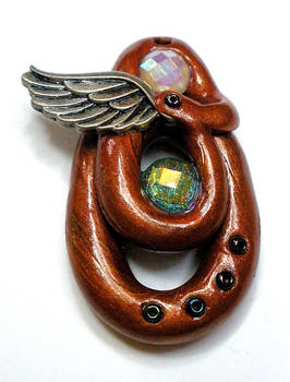 Red Necklace Pendant with Wing and Gems - polymer