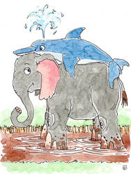 Elephant and dolphin became friends - Watercolours