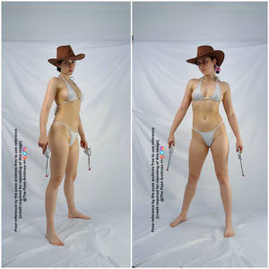 Female Cowgirl Standing with Revolvers Pose