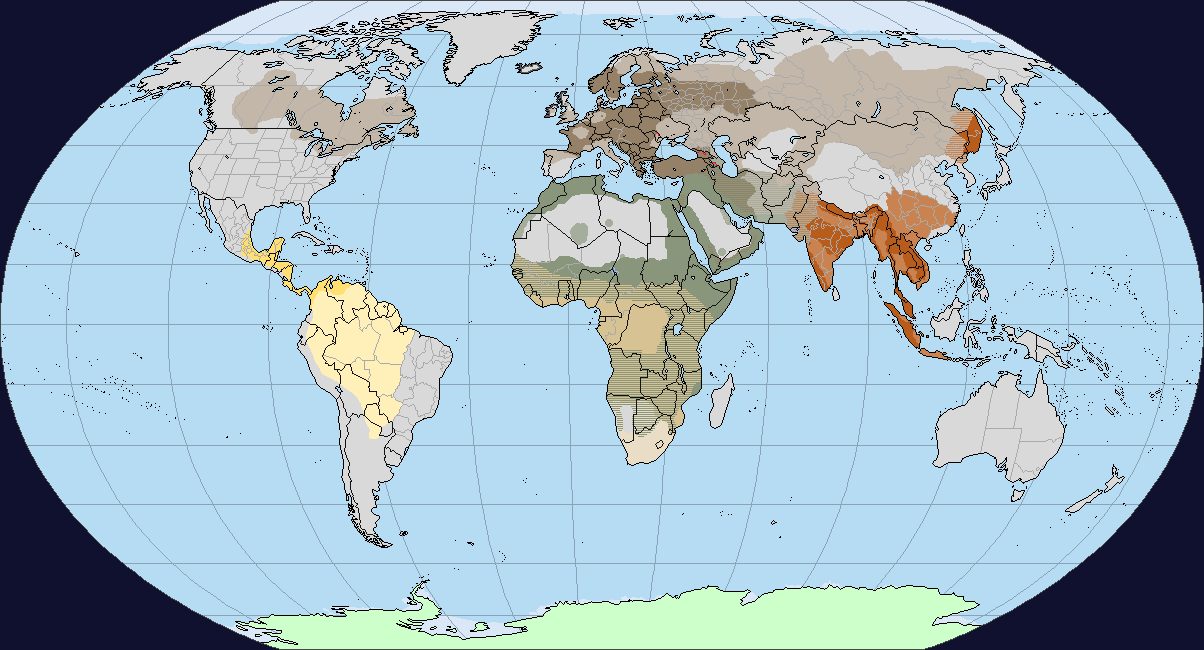 Therianthropy natural distribution map 1500 AD