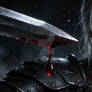 Female Warrior Holding Sword with Blood Drop Close