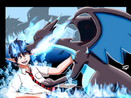 BlueExorcist-PKMN- Rin Okumura and MegaCharizard X